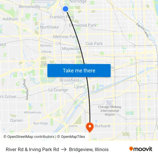 River Rd & Irving Park Rd to Bridgeview, Illinois map