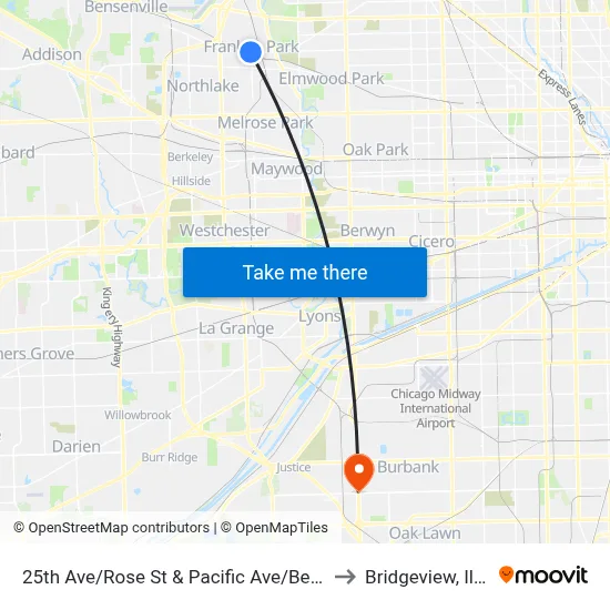 25th Ave/Rose St & Pacific Ave/Belmont Ave to Bridgeview, Illinois map