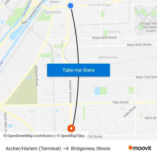 Archer/Harlem (Terminal) to Bridgeview, Illinois map