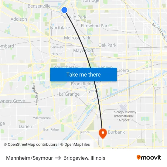 Mannheim/Seymour to Bridgeview, Illinois map