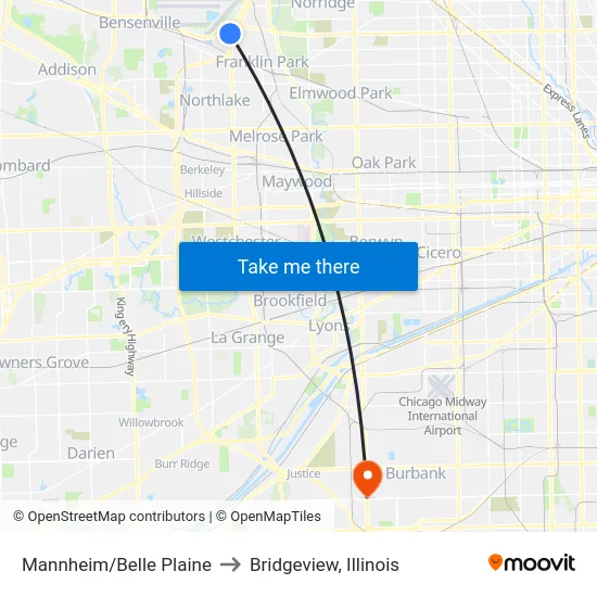 Mannheim/Belle Plaine to Bridgeview, Illinois map