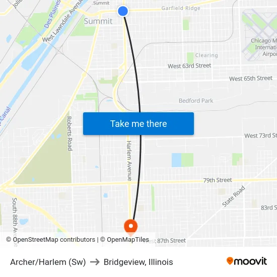 Archer/Harlem (Sw) to Bridgeview, Illinois map