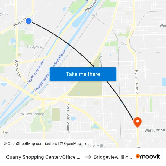 Quarry Shopping Center/Office Max to Bridgeview, Illinois map