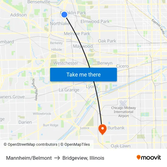 Mannheim/Belmont to Bridgeview, Illinois map