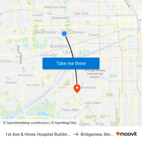 1st Ave & Hines Hospital Building 37 to Bridgeview, Illinois map
