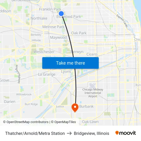 Thatcher/Arnold/Metra Station to Bridgeview, Illinois map