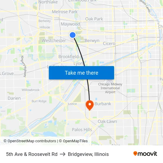5th Ave & Roosevelt Rd to Bridgeview, Illinois map