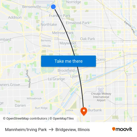 Mannheim/Irving Park to Bridgeview, Illinois map