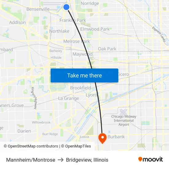 Mannheim/Montrose to Bridgeview, Illinois map