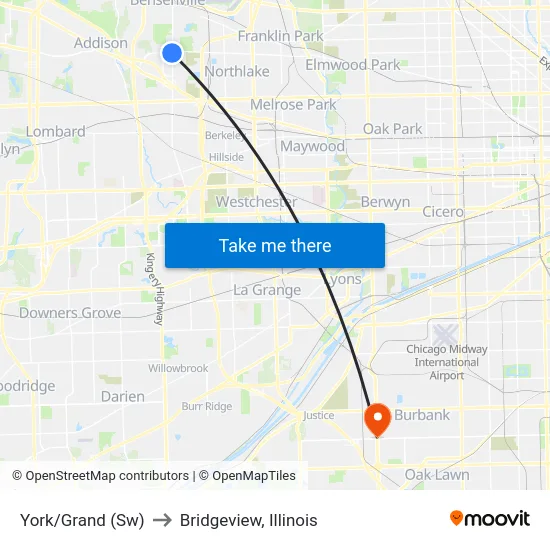 York/Grand (Sw) to Bridgeview, Illinois map