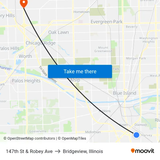 147th St & Robey Ave to Bridgeview, Illinois map
