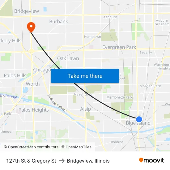 127th St & Gregory St to Bridgeview, Illinois map