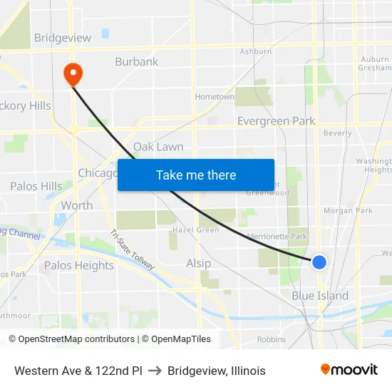 Western Ave & 122nd Pl to Bridgeview, Illinois map