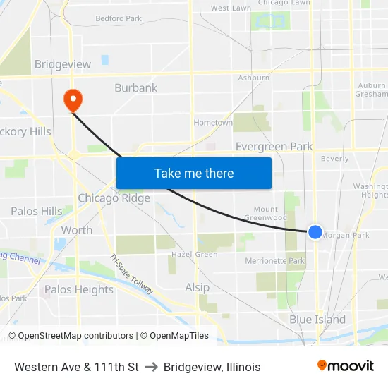 Western Ave & 111th St to Bridgeview, Illinois map