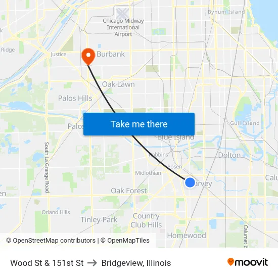 Wood St & 151st St to Bridgeview, Illinois map