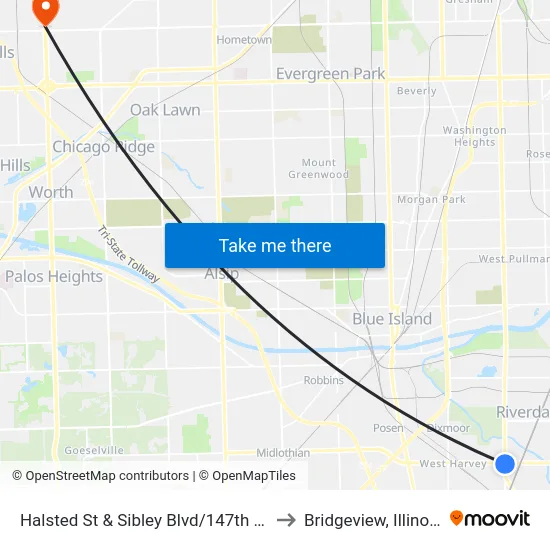 Halsted St & Sibley Blvd/147th St to Bridgeview, Illinois map