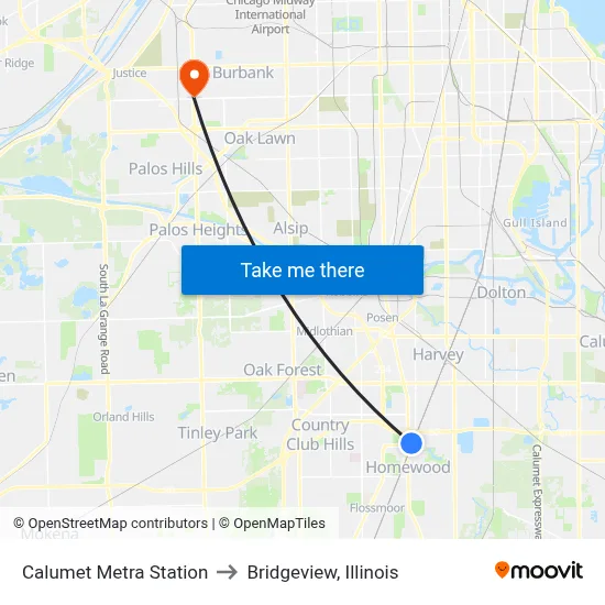 Calumet Metra Station to Bridgeview, Illinois map