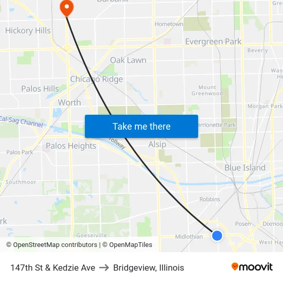147th St & Kedzie Ave to Bridgeview, Illinois map