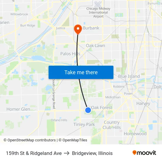 159th St & Ridgeland Ave to Bridgeview, Illinois map