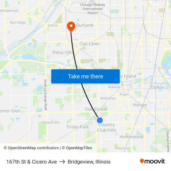 167th St & Cicero Ave to Bridgeview, Illinois map