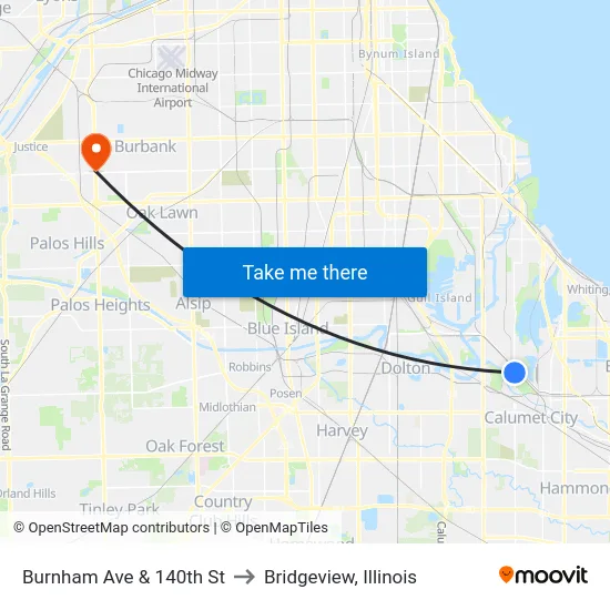 Burnham Ave & 140th St to Bridgeview, Illinois map