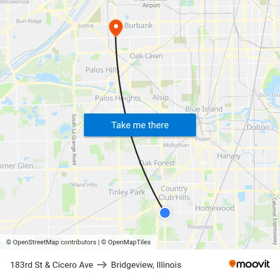 183rd St & Cicero Ave to Bridgeview, Illinois map