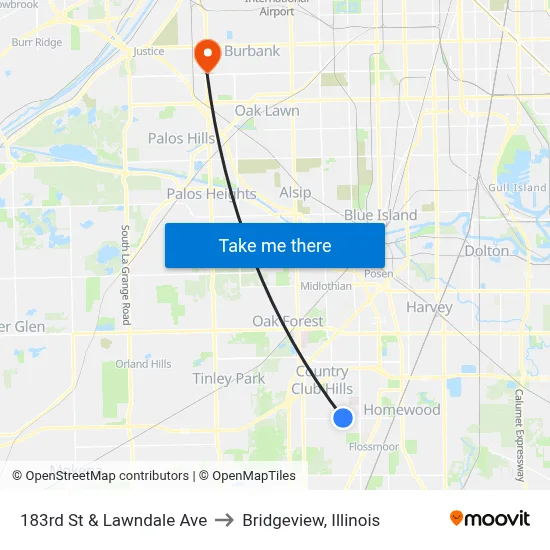 183rd St & Lawndale Ave to Bridgeview, Illinois map
