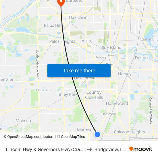 Lincoln Hwy & Governors Hwy/Crawford Ave to Bridgeview, Illinois map