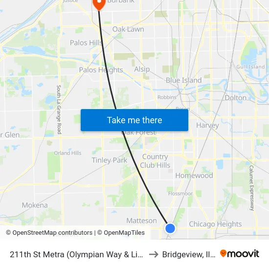 211th St Metra (Olympian Way & Lincoln Hwy) to Bridgeview, Illinois map