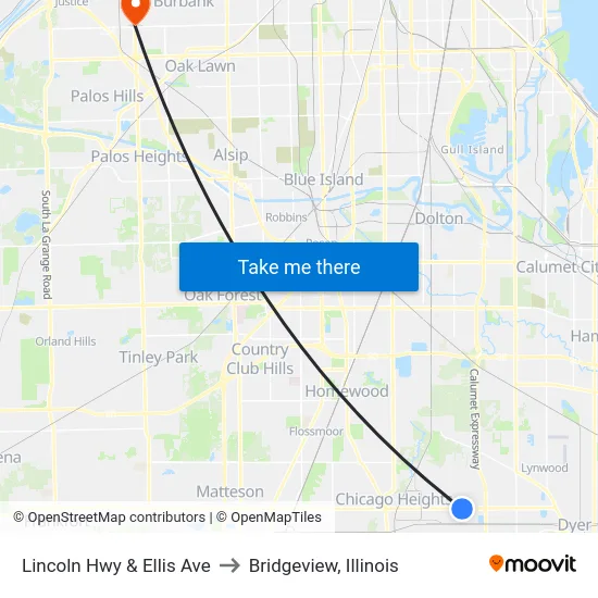 Lincoln Hwy & Ellis Ave to Bridgeview, Illinois map