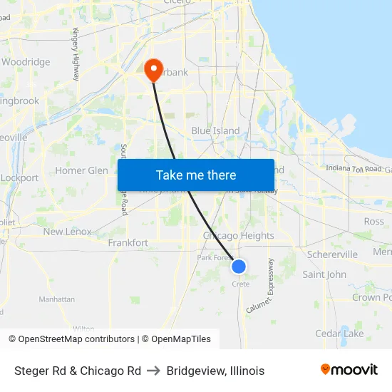 Steger Rd & Chicago Rd to Bridgeview, Illinois map