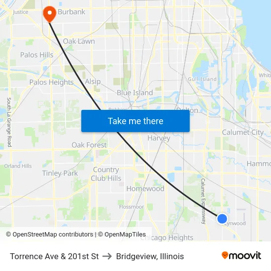 Torrence Ave & 201st St to Bridgeview, Illinois map