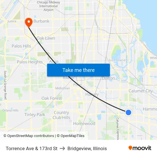 Torrence Ave & 173rd St to Bridgeview, Illinois map