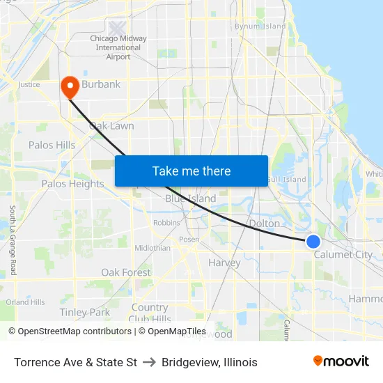 Torrence Ave & State St to Bridgeview, Illinois map