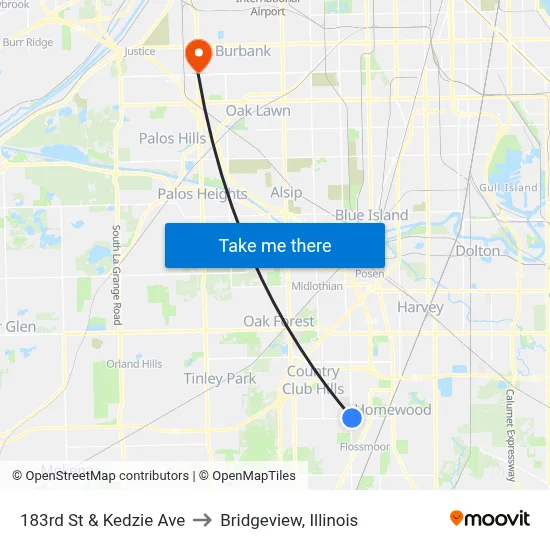 183rd St & Kedzie Ave to Bridgeview, Illinois map