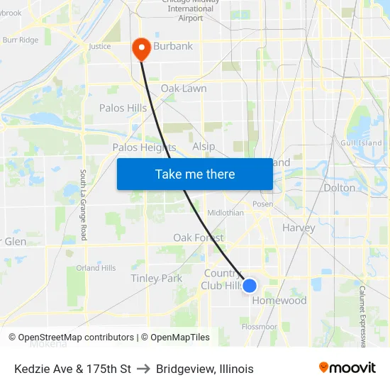 Kedzie Ave & 175th St to Bridgeview, Illinois map
