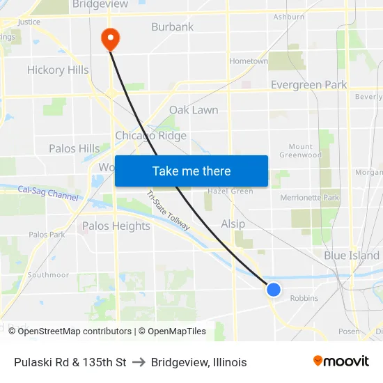 Pulaski Rd & 135th St to Bridgeview, Illinois map