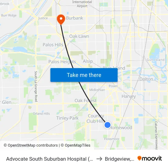 Advocate South Suburban Hospital (S)(17800 Kedzie) to Bridgeview, Illinois map