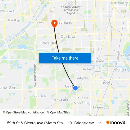 159th St & Cicero Ave (Metra Station) to Bridgeview, Illinois map