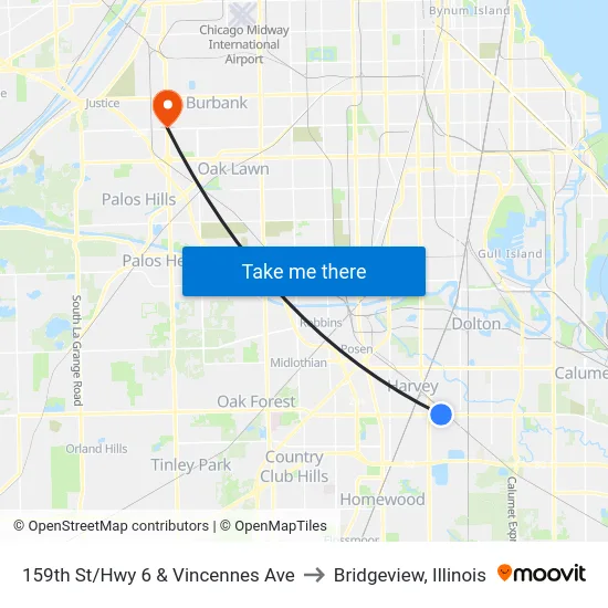 159th St/Hwy 6 & Vincennes Ave to Bridgeview, Illinois map