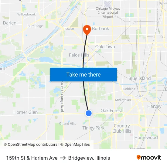 159th St & Harlem Ave to Bridgeview, Illinois map
