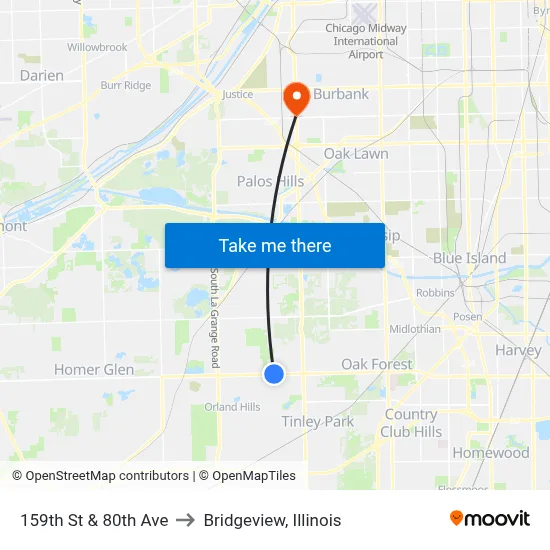 159th St & 80th Ave to Bridgeview, Illinois map