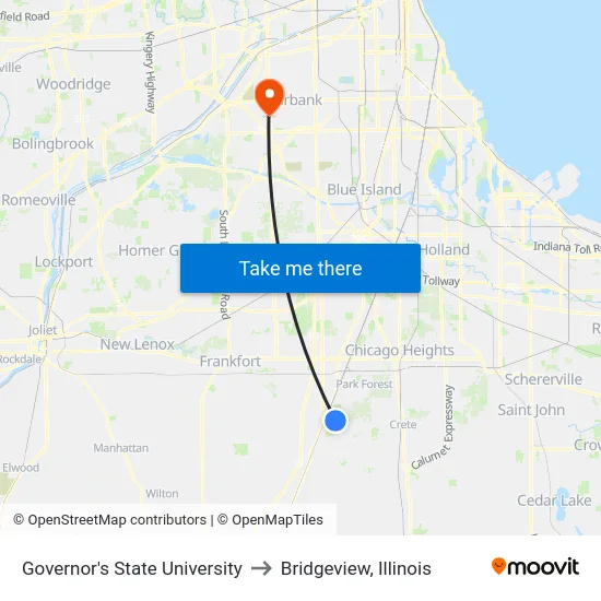 Governor's State University to Bridgeview, Illinois map