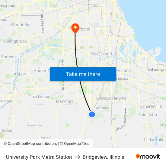 University Park Metra Station to Bridgeview, Illinois map