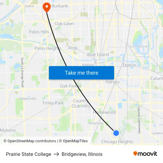 Prairie State College to Bridgeview, Illinois map