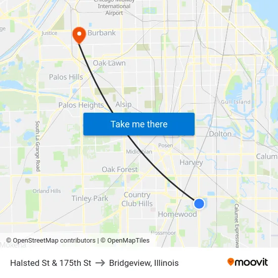 Halsted St & 175th St to Bridgeview, Illinois map