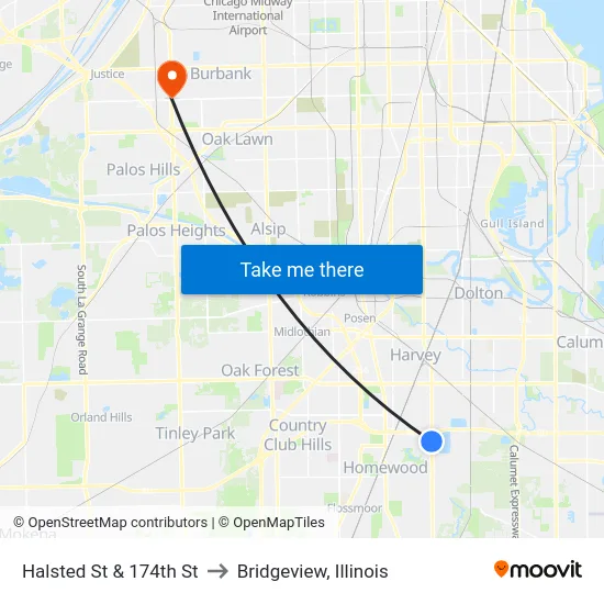 Halsted St & 174th St to Bridgeview, Illinois map