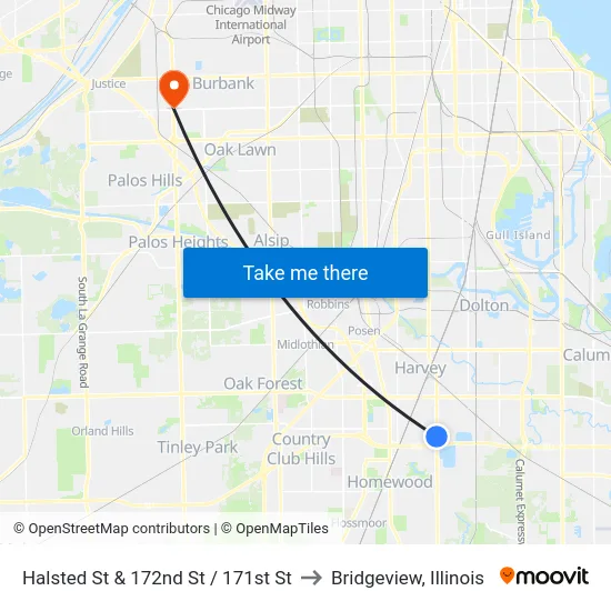Halsted St & 172nd St / 171st St to Bridgeview, Illinois map
