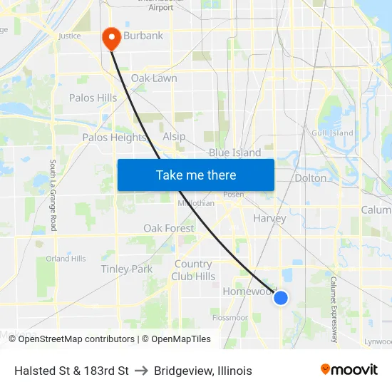 Halsted St & 183rd St to Bridgeview, Illinois map