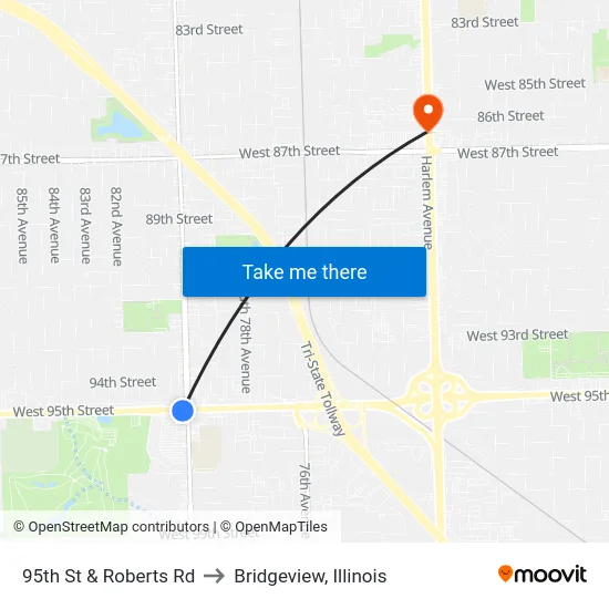 95th St & Roberts Rd to Bridgeview, Illinois map